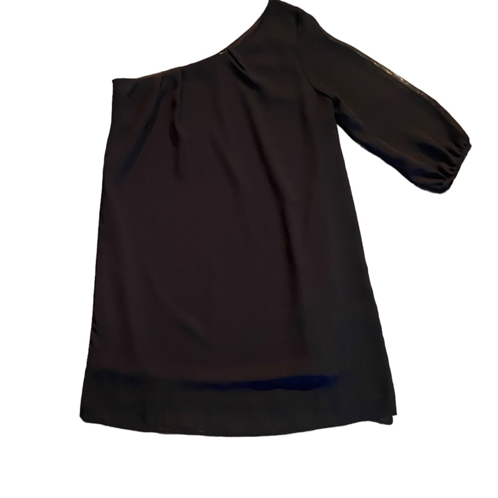 Tobi black one shoulder asymmetrical semi sheer lined dress. S